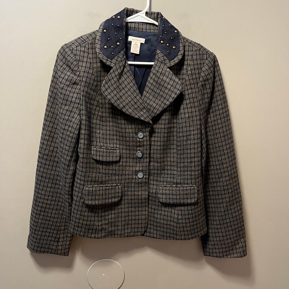 Sundance Women's Wool Blend Plaid Studded Blazer Jacket Size 10 Brown Blue‎